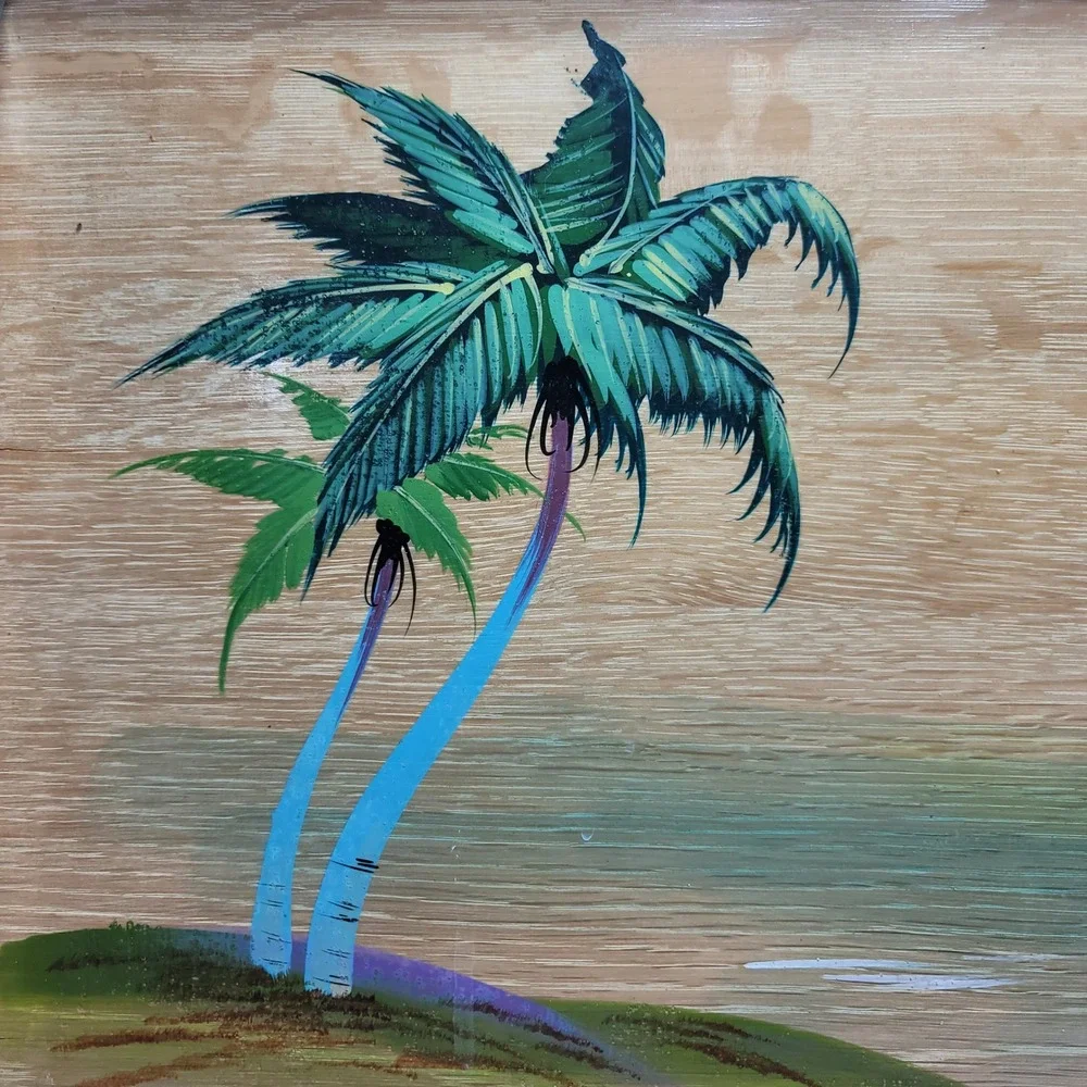 Vintage Hand Painted Tropical Palm Tree Sailboat Wood Serving Tray Metal Rim 17